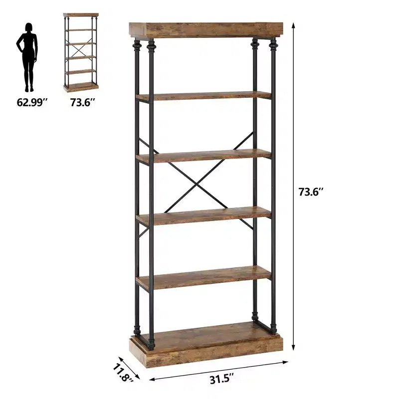 Industrial 6-Tier Bookshelf | 73.6"H | Wood & Metal Frame | Vintage Style