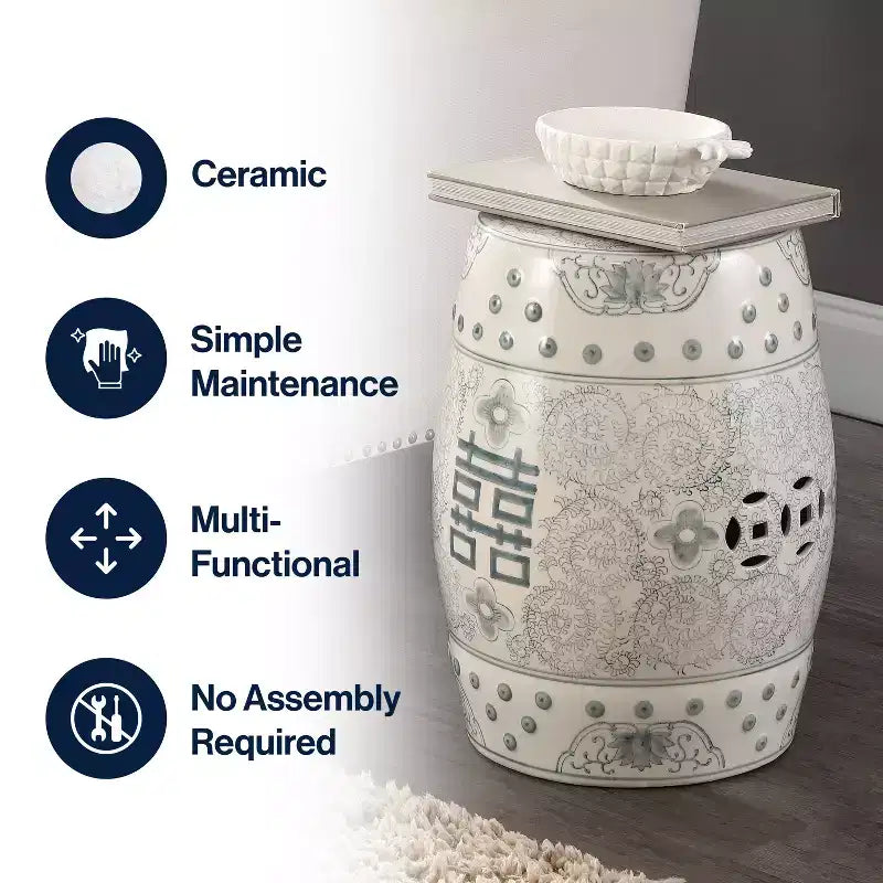 Chinoiserie Ceramic Drum Garden Stool & Accent Table | Blue | 17.75"H