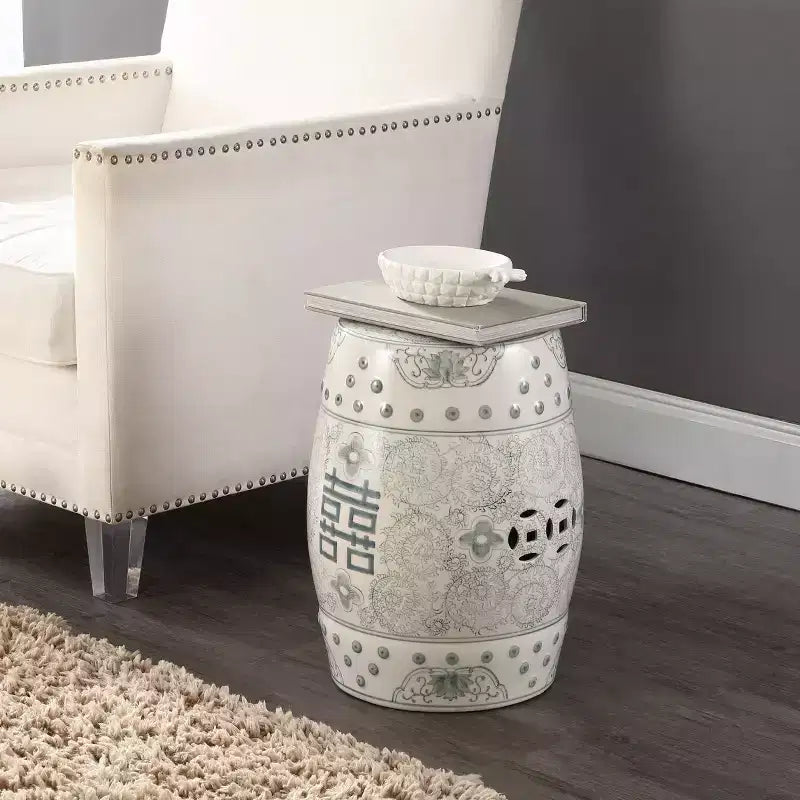 Chinoiserie Ceramic Drum Garden Stool & Accent Table | Blue | 17.75"H