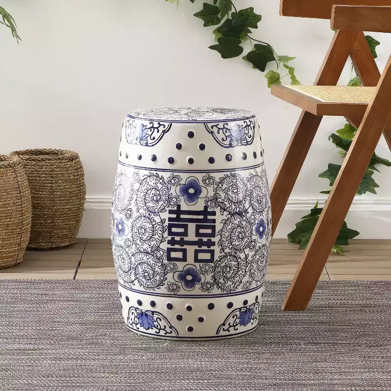Chinoiserie Ceramic Drum Garden Stool & Accent Table | Blue | 17.75"H
