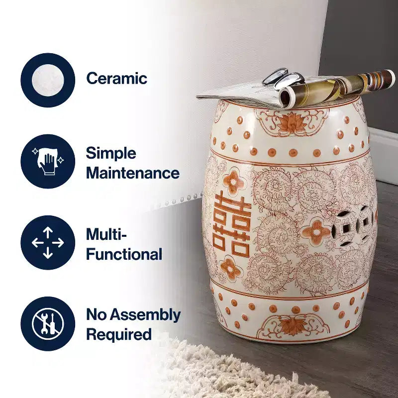 Chinoiserie Ceramic Drum Garden Stool & Accent Table | Blue | 17.75"H
