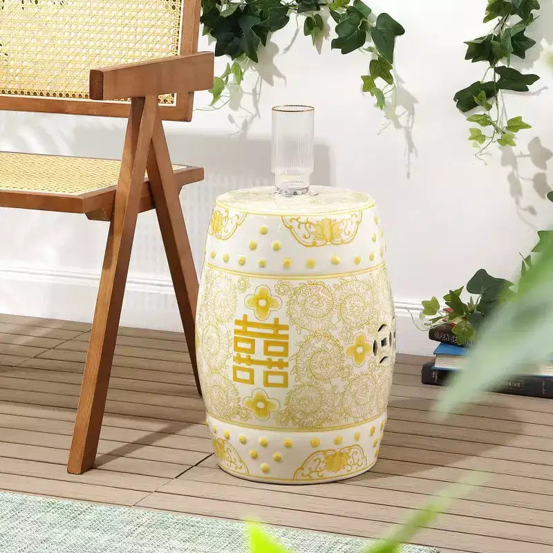 Chinoiserie Ceramic Drum Garden Stool & Accent Table | Blue | 17.75"H