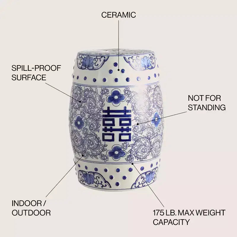 Chinoiserie Ceramic Drum Garden Stool & Accent Table | Blue | 17.75"H