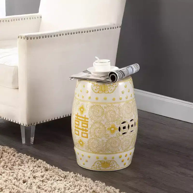Chinoiserie Ceramic Drum Garden Stool & Accent Table | Blue | 17.75"H
