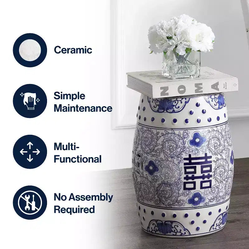 Chinoiserie Ceramic Drum Garden Stool & Accent Table | Blue | 17.75"H
