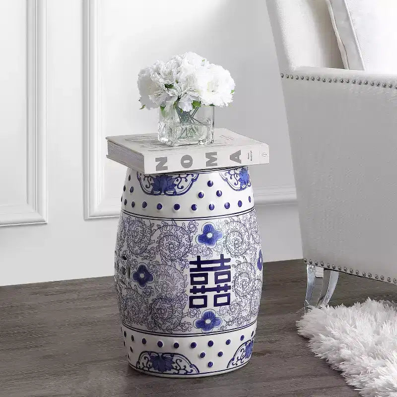 Chinoiserie Ceramic Drum Garden Stool & Accent Table | Blue | 17.75"H
