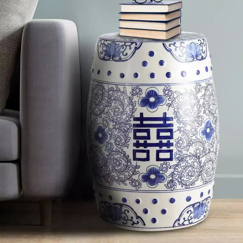 Chinoiserie Ceramic Drum Garden Stool & Accent Table | Blue | 17.75"H