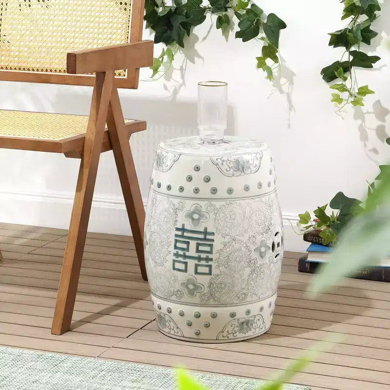 Chinoiserie Ceramic Drum Garden Stool & Accent Table | Blue | 17.75"H