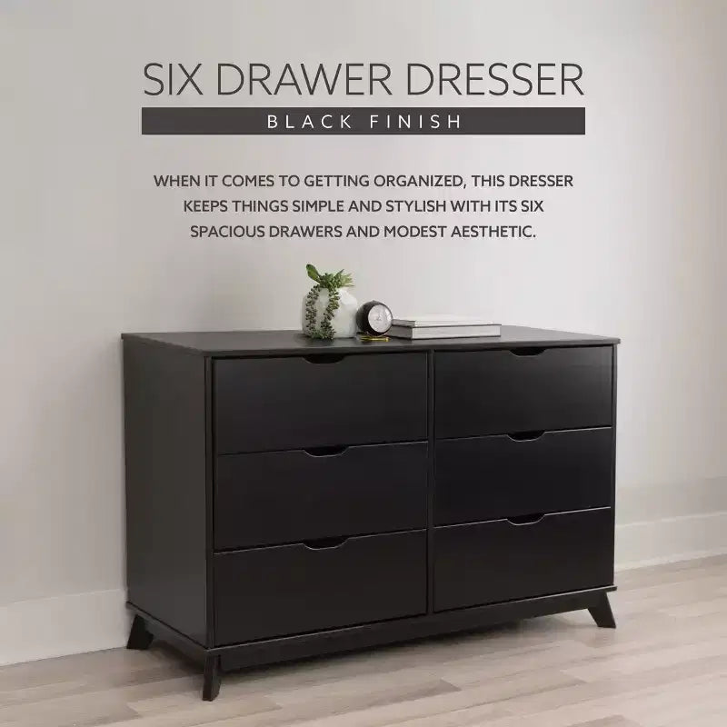 Solid Pine Mid-Century Modern 6-Drawer Dresser | 48.62"W | Metal Glides