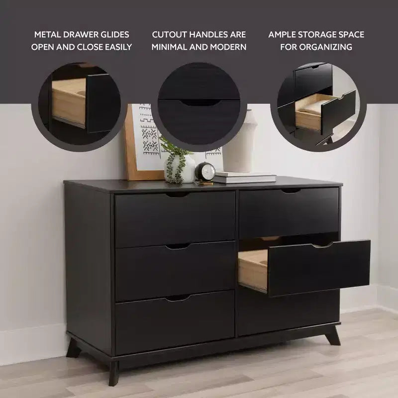 Solid Pine Mid-Century Modern 6-Drawer Dresser | 48.62"W | Metal Glides