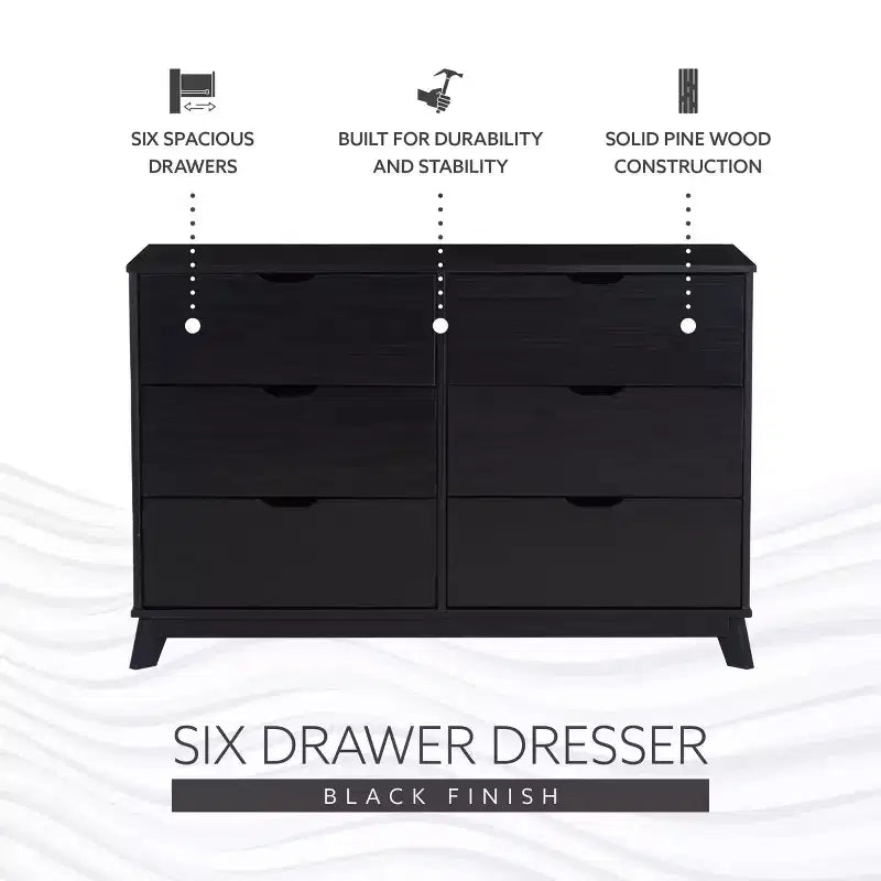 Solid Pine Mid-Century Modern 6-Drawer Dresser | 48.62"W | Metal Glides
