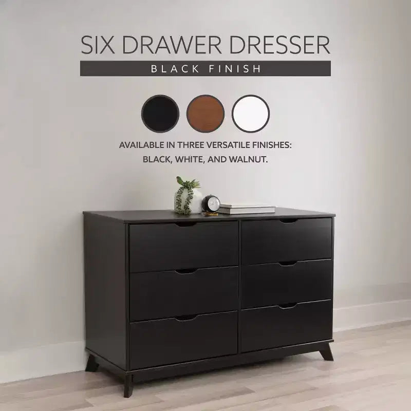 Solid Pine Mid-Century Modern 6-Drawer Dresser | 48.62"W | Metal Glides