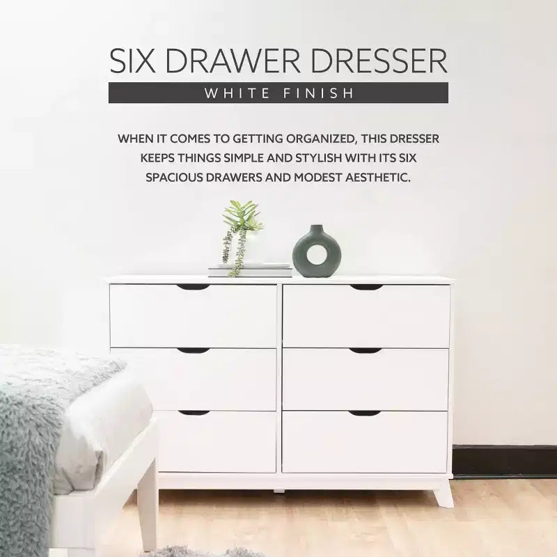 Solid Pine Mid-Century Modern 6-Drawer Dresser | 48.62"W | Metal Glides