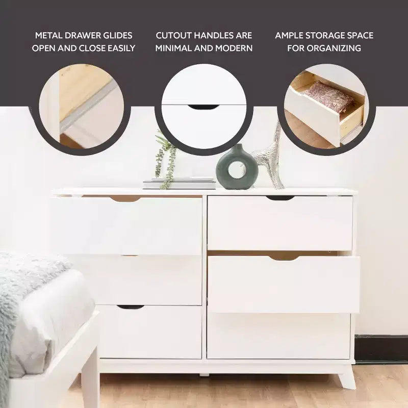 Solid Pine Mid-Century Modern 6-Drawer Dresser | 48.62"W | Metal Glides
