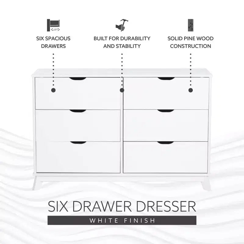 Solid Pine Mid-Century Modern 6-Drawer Dresser | 48.62"W | Metal Glides