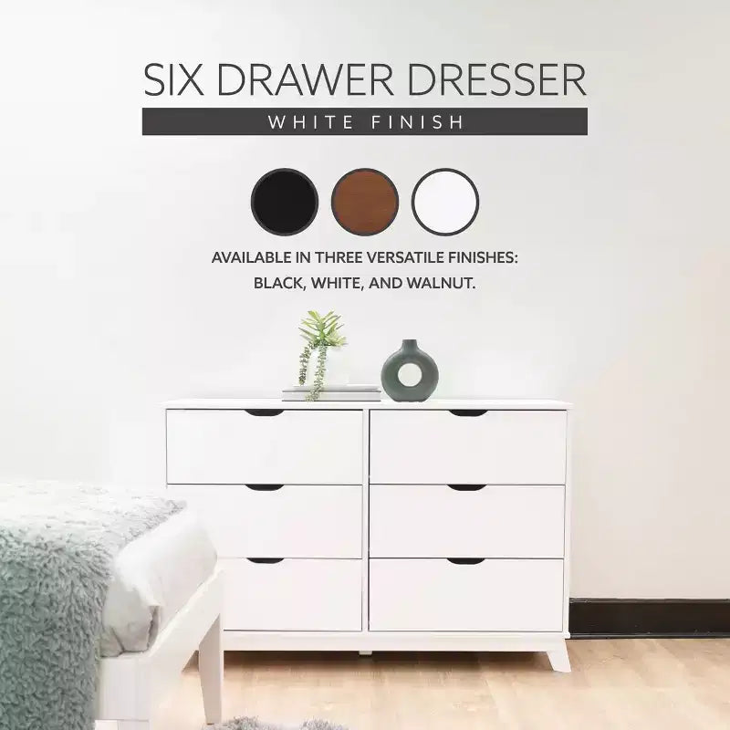 Solid Pine Mid-Century Modern 6-Drawer Dresser | 48.62"W | Metal Glides