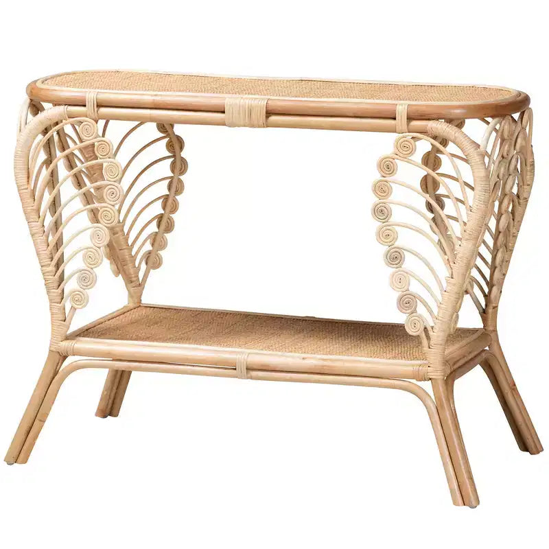 Modern Bohemian Natural Rattan 2-Tier Console Table | 39.4"W | Fully Assembled