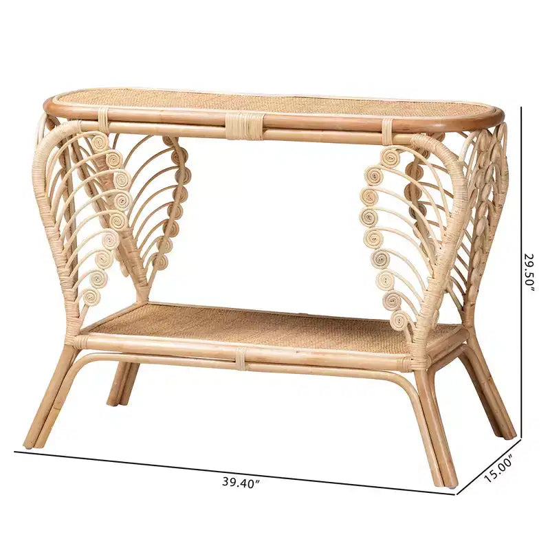 Modern Bohemian Natural Rattan 2-Tier Console Table | 39.4"W | Fully Assembled