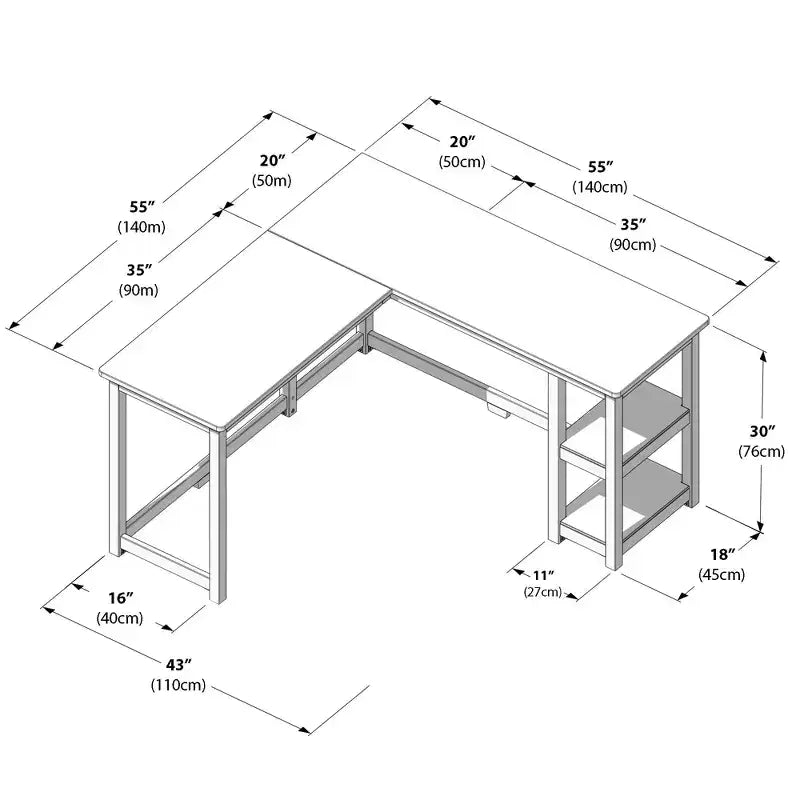 L-Shaped Solid Wood Corner Desk | 55" | 2 Storage Shelves | Home Office & Gaming