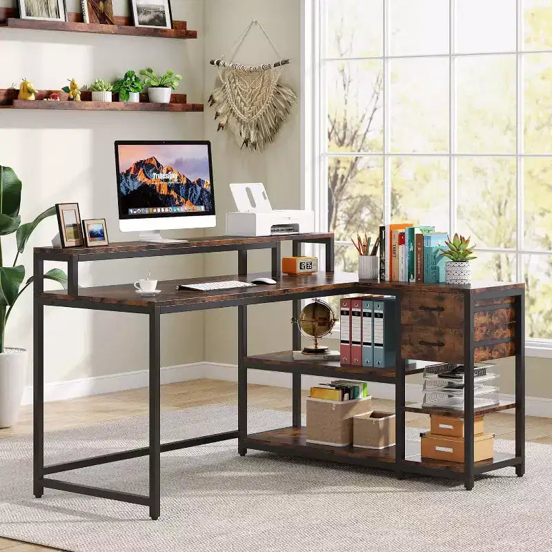 Reversible L-Shaped Computer Desk | Drawer, Monitor Stand & Storage Shelves