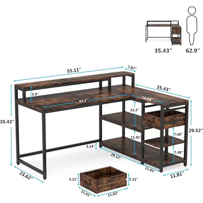 Reversible L-Shaped Computer Desk | Drawer, Monitor Stand & Storage Shelves