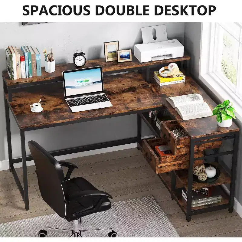 Reversible L-Shaped Computer Desk | Drawer, Monitor Stand & Storage Shelves