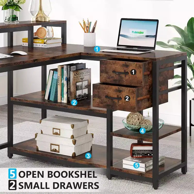 Reversible L-Shaped Computer Desk | Drawer, Monitor Stand & Storage Shelves