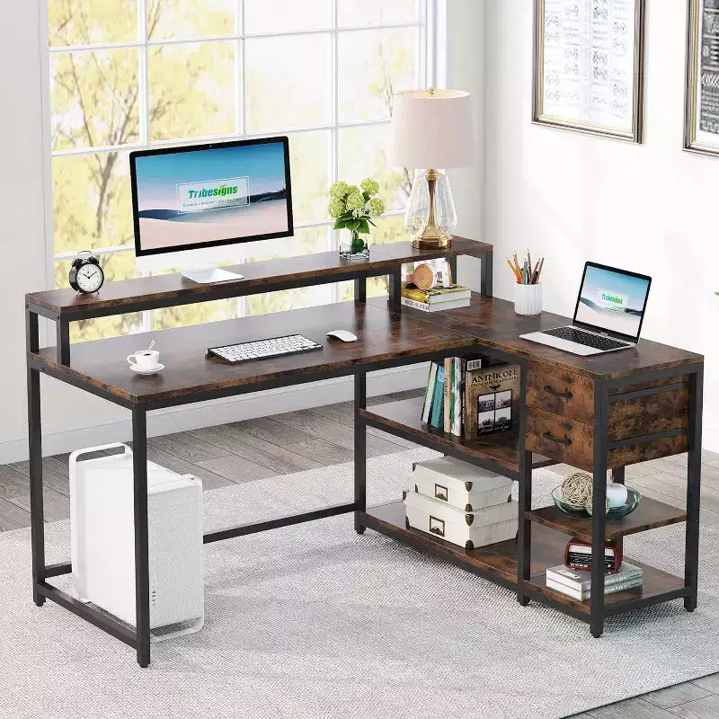 Reversible L-Shaped Computer Desk | Drawer, Monitor Stand & Storage Shelves
