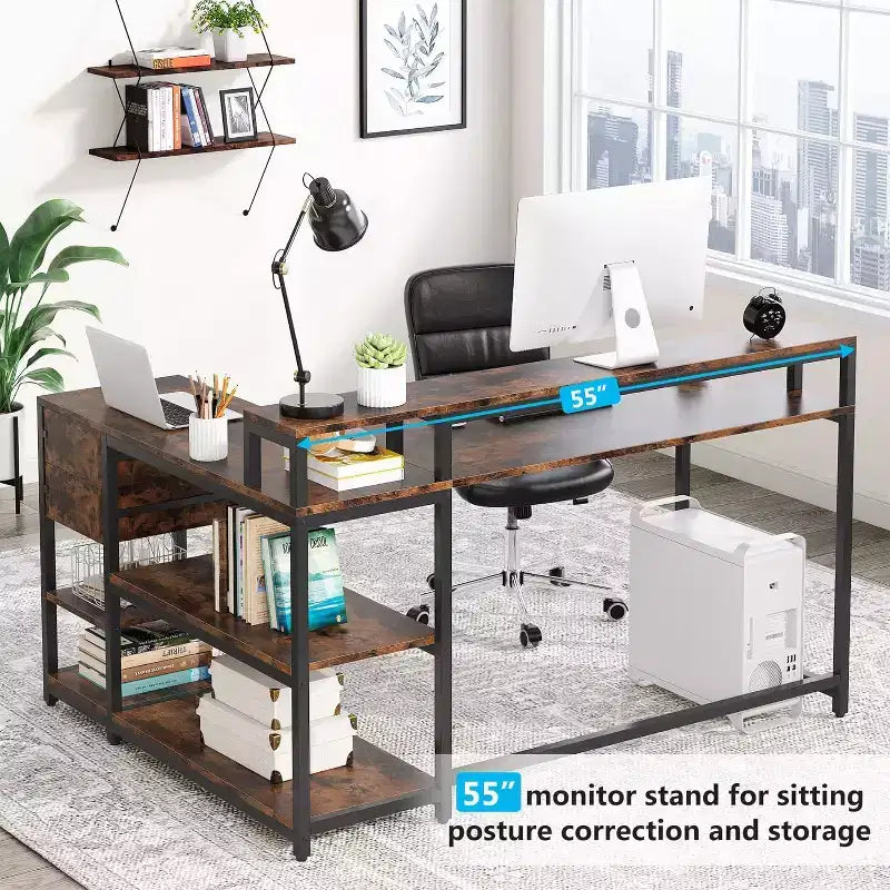 Reversible L-Shaped Computer Desk | Drawer, Monitor Stand & Storage Shelves