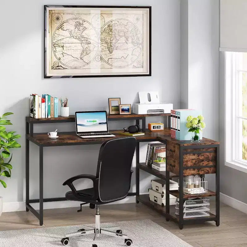 Reversible L-Shaped Computer Desk | Drawer, Monitor Stand & Storage Shelves
