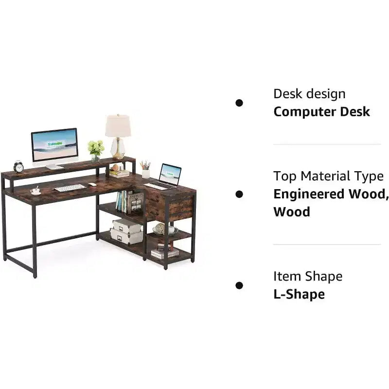 Reversible L-Shaped Computer Desk | Drawer, Monitor Stand & Storage Shelves