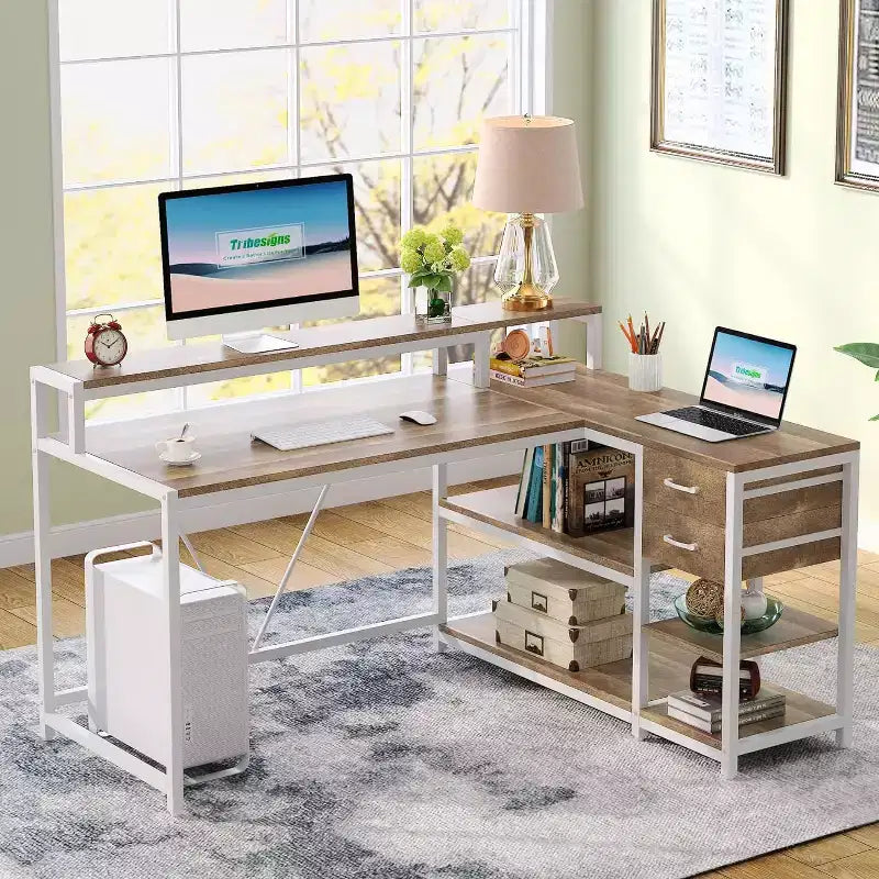 Reversible L-Shaped Computer Desk | Drawer, Monitor Stand & Storage Shelves