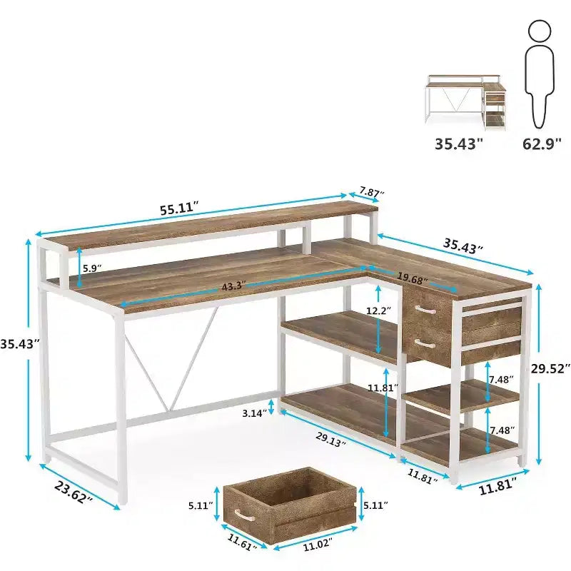 Reversible L-Shaped Computer Desk | Drawer, Monitor Stand & Storage Shelves