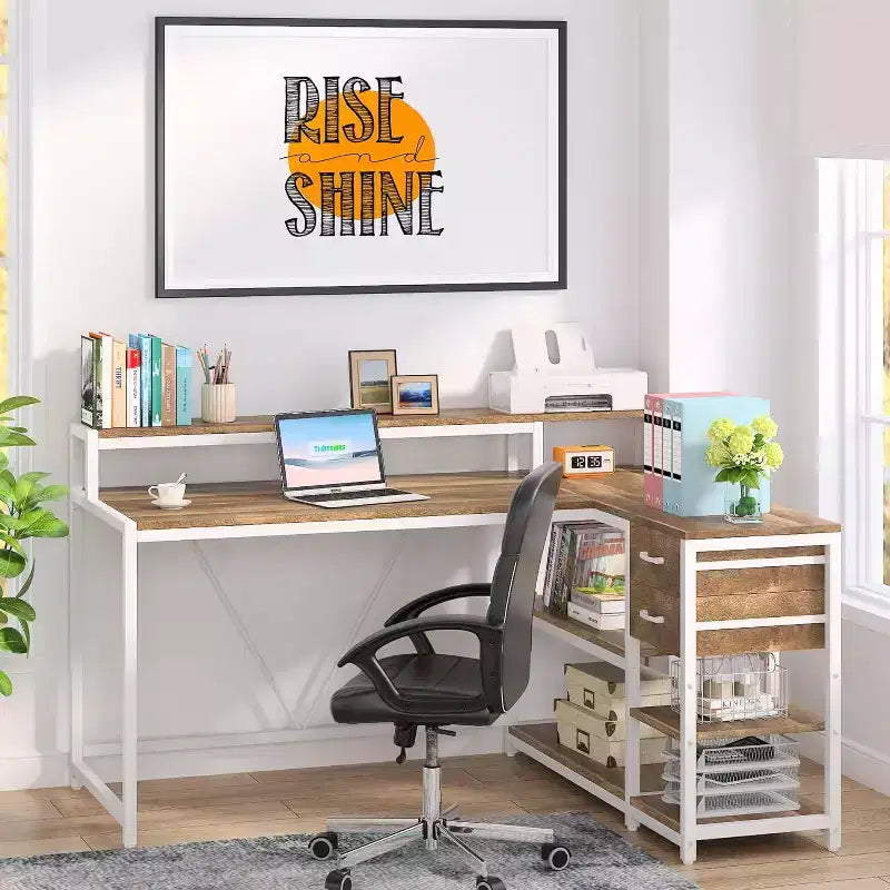 Reversible L-Shaped Computer Desk | Drawer, Monitor Stand & Storage Shelves