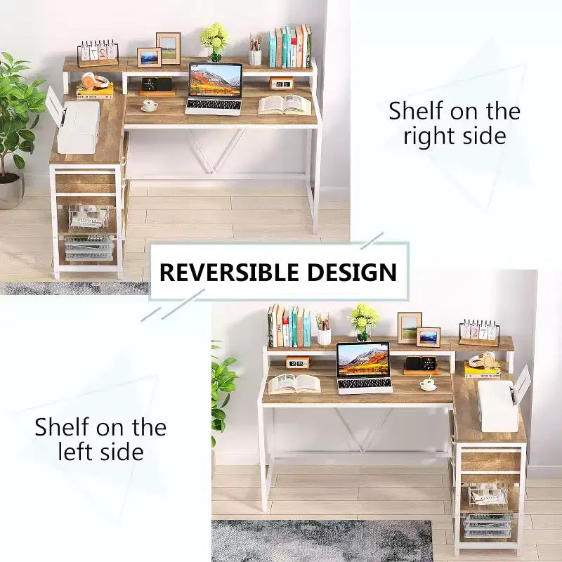 Reversible L-Shaped Computer Desk | Drawer, Monitor Stand & Storage Shelves