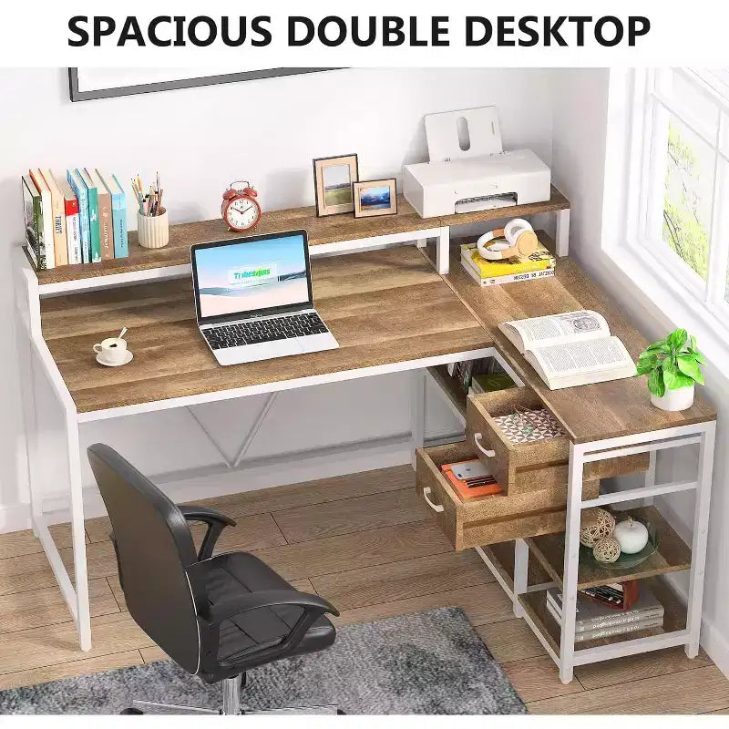 Reversible L-Shaped Computer Desk | Drawer, Monitor Stand & Storage Shelves