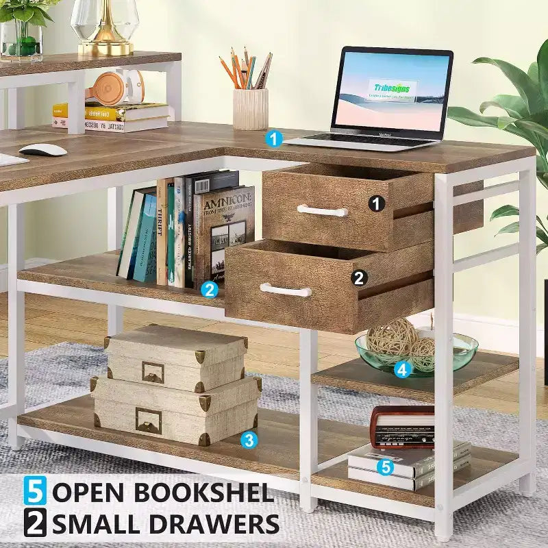 Reversible L-Shaped Computer Desk | Drawer, Monitor Stand & Storage Shelves