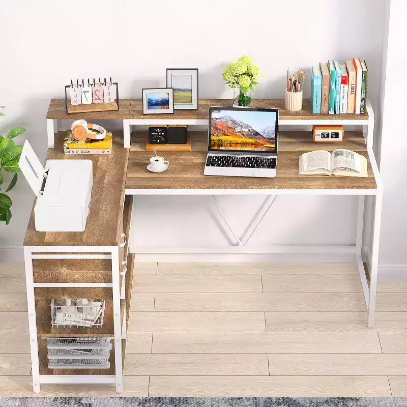 Reversible L-Shaped Computer Desk | Drawer, Monitor Stand & Storage Shelves