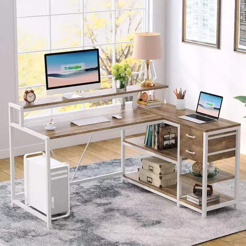 Reversible L-Shaped Computer Desk | Drawer, Monitor Stand & Storage Shelves