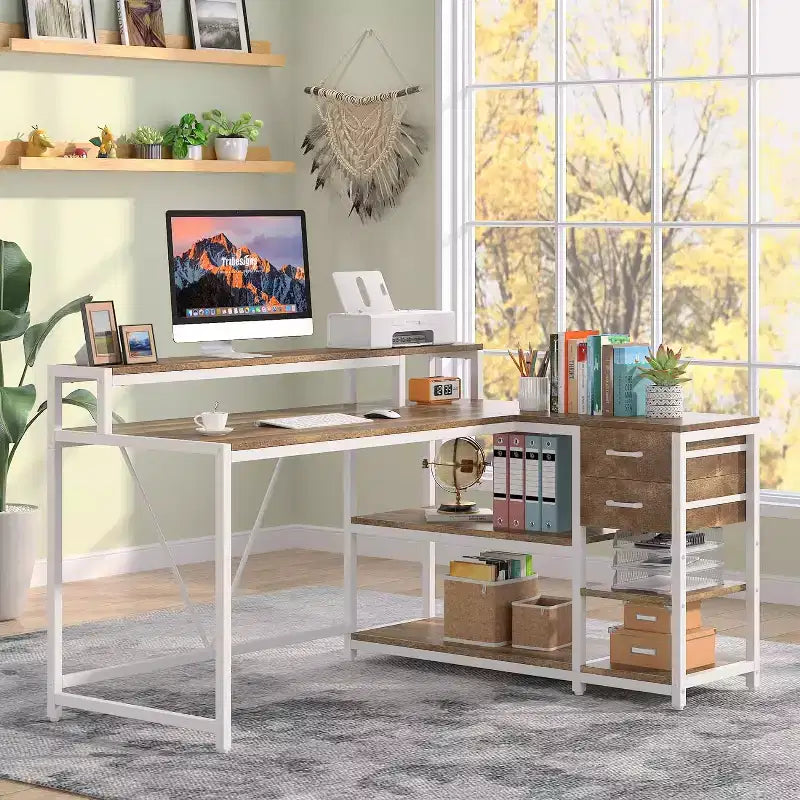 Reversible L-Shaped Computer Desk | Drawer, Monitor Stand & Storage Shelves