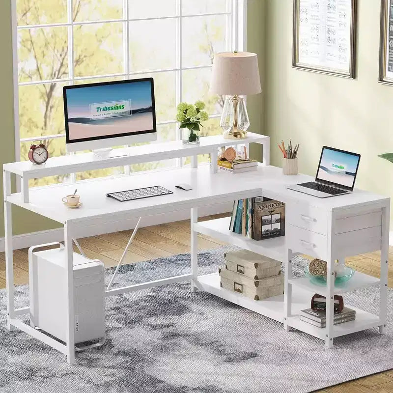 Reversible L-Shaped Computer Desk | Drawer, Monitor Stand & Storage Shelves