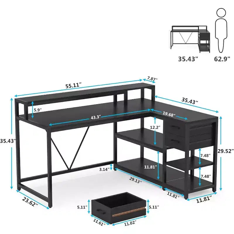 Reversible L-Shaped Computer Desk | Drawer, Monitor Stand & Storage Shelves