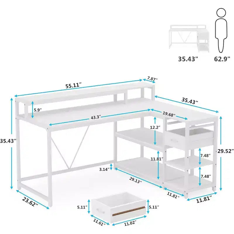 Reversible L-Shaped Computer Desk | Drawer, Monitor Stand & Storage Shelves