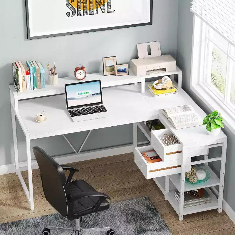 Reversible L-Shaped Computer Desk | Drawer, Monitor Stand & Storage Shelves