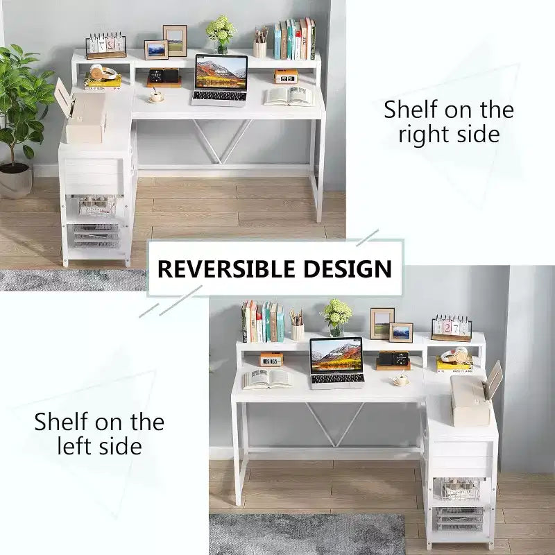 Reversible L-Shaped Computer Desk | Drawer, Monitor Stand & Storage Shelves
