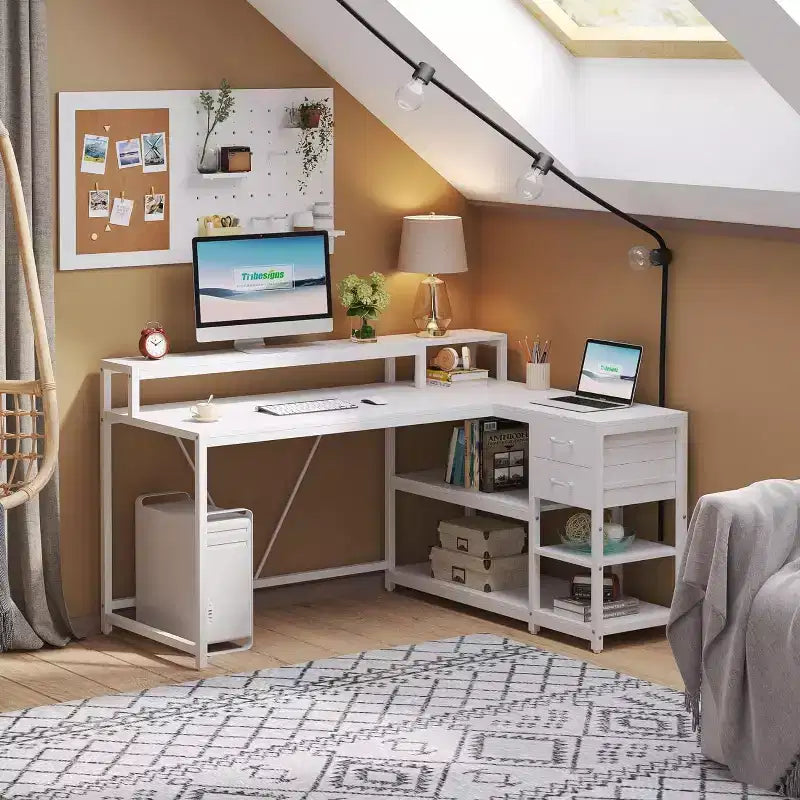 Reversible L-Shaped Computer Desk | Drawer, Monitor Stand & Storage Shelves