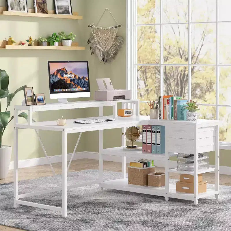 Reversible L-Shaped Computer Desk | Drawer, Monitor Stand & Storage Shelves