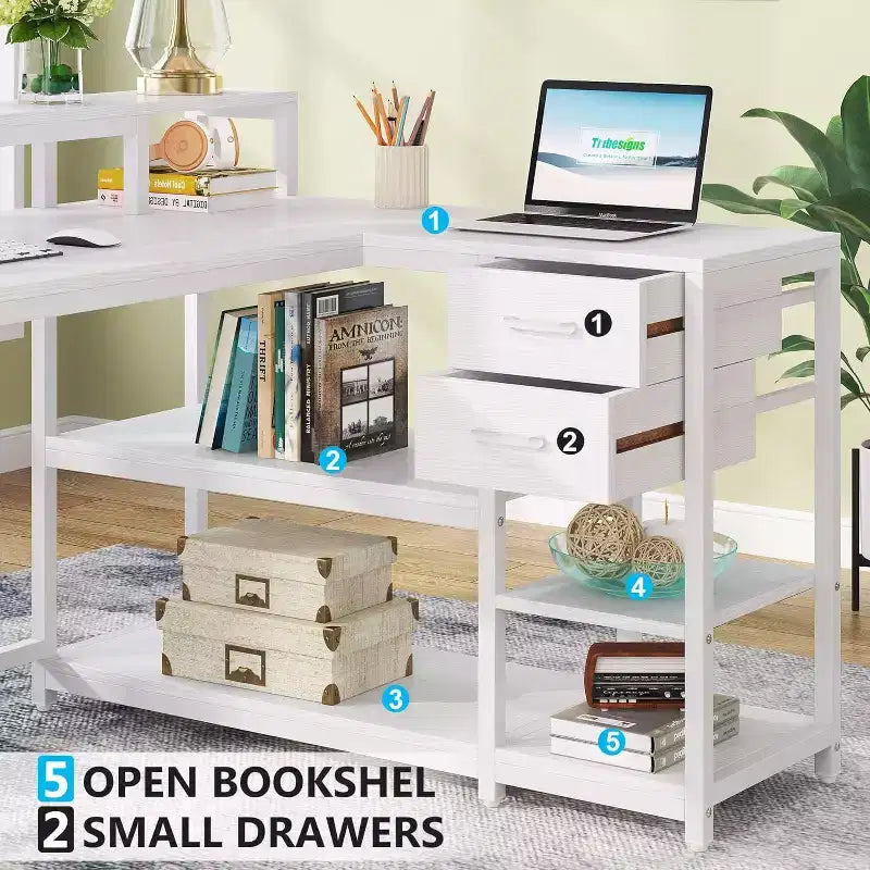 Reversible L-Shaped Computer Desk | Drawer, Monitor Stand & Storage Shelves