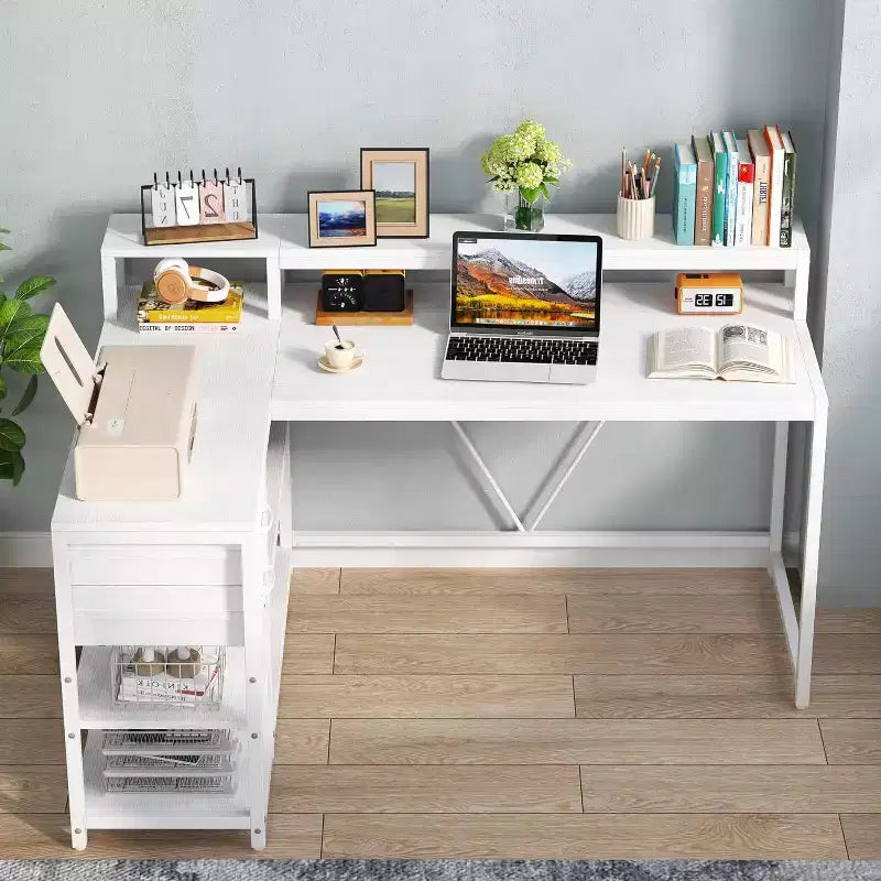 Reversible L-Shaped Computer Desk | Drawer, Monitor Stand & Storage Shelves