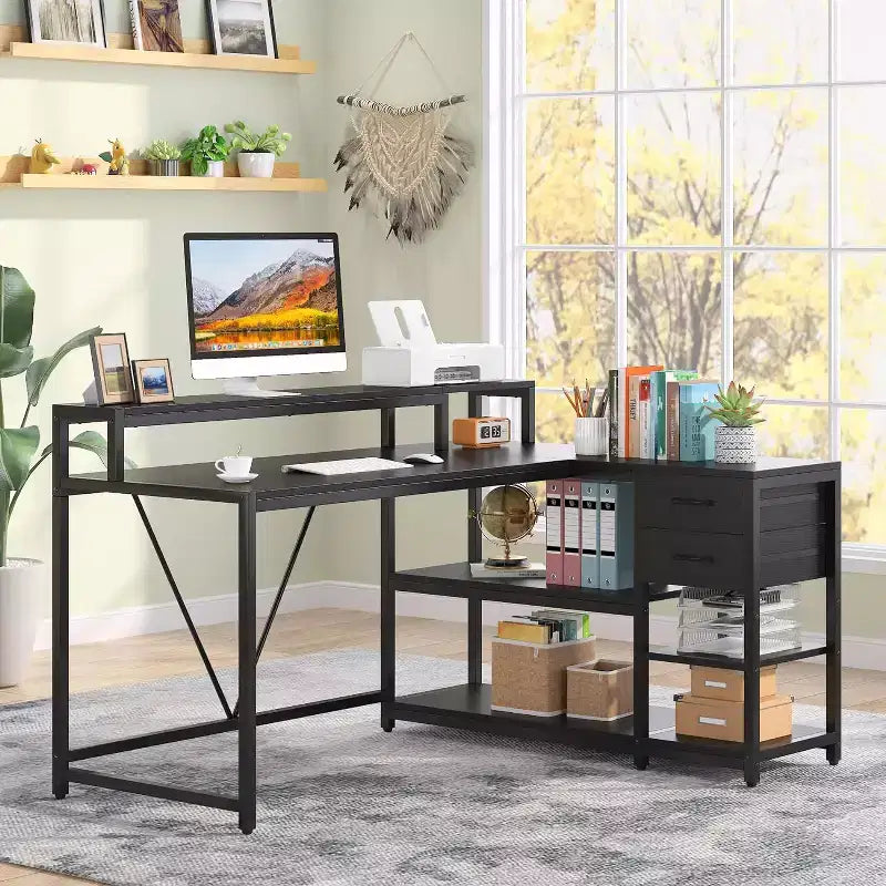 Reversible L-Shaped Computer Desk | Drawer, Monitor Stand & Storage Shelves